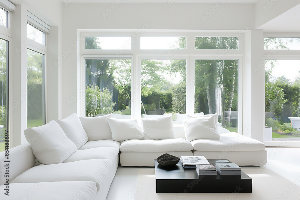 white living room, a white sofa, windows to the yard in white, a rectangular coffee table made of black wood white living room, a white sofa, windows to the yard in white, a rectangular coffee table made of black wood