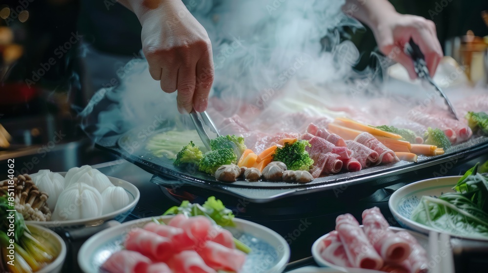 A chef preparing a dish of shabu-shabu, thinly slicing meat and vegetables for hot pot. A chef preparing a dish of shabu-shabu, thinly slicing meat and vegetables for hot pot.
