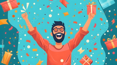 A happy customer celebrating a surprise reward received online, depicted in a lively marketing illustration with present and discount icons photo