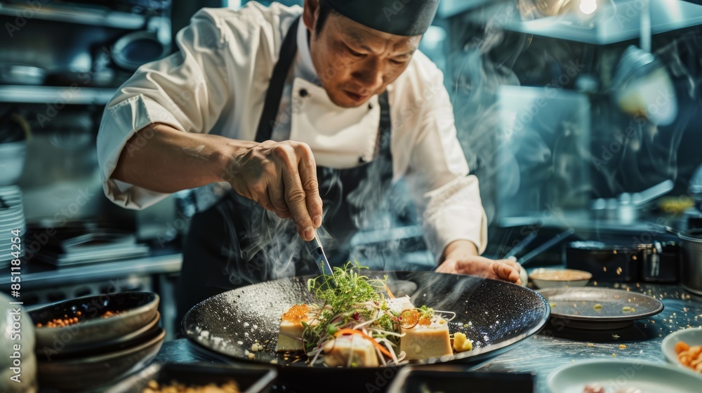 A Japanese chef creating a delicate dish of tofu with intricate garnishes. A Japanese chef creating a delicate dish of tofu with intricate garnishes.