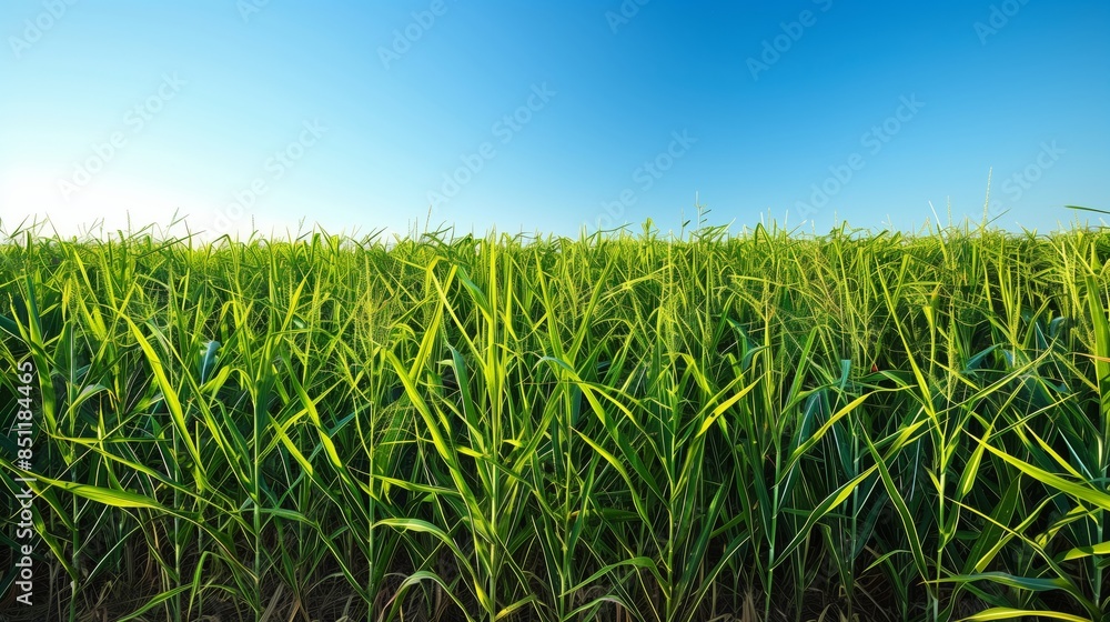 A vast sugarcane field stretches to the horizon, with green stalks contrasting against the clear blue sky. A vast sugarcane field stretches to the horizon, with green stalks contrasting against the clear blue sky.