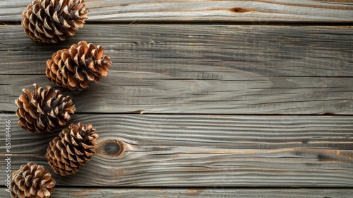 Spruce cones on wooden backdrop with space for text