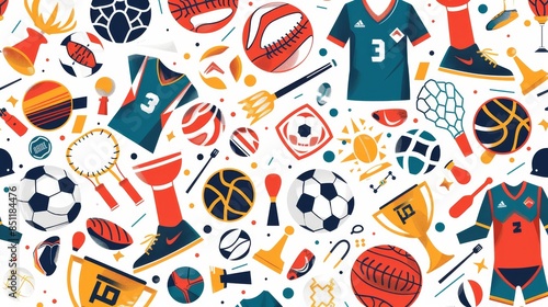 Fototapeta Naklejka Na Ścianę i Meble -  Flat illustration of sports icons like jerseys and trophies in a seamless pattern for an athletic theme.