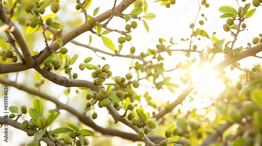 A springtime pistachio orchard, branches heavy with green nuts against a bright blue sky. A springtime pistachio orchard, branches heavy with green nuts against a bright blue sky.