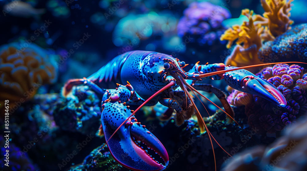 lobsters hiding in blue underwater coral reefs, with sunlight penetrating the air creating a beautiful glow around the coral, Ai generated Images lobsters hiding in blue underwater coral reefs, with sunlight penetrating the air creating a beautiful glow around the coral, Ai generated Images