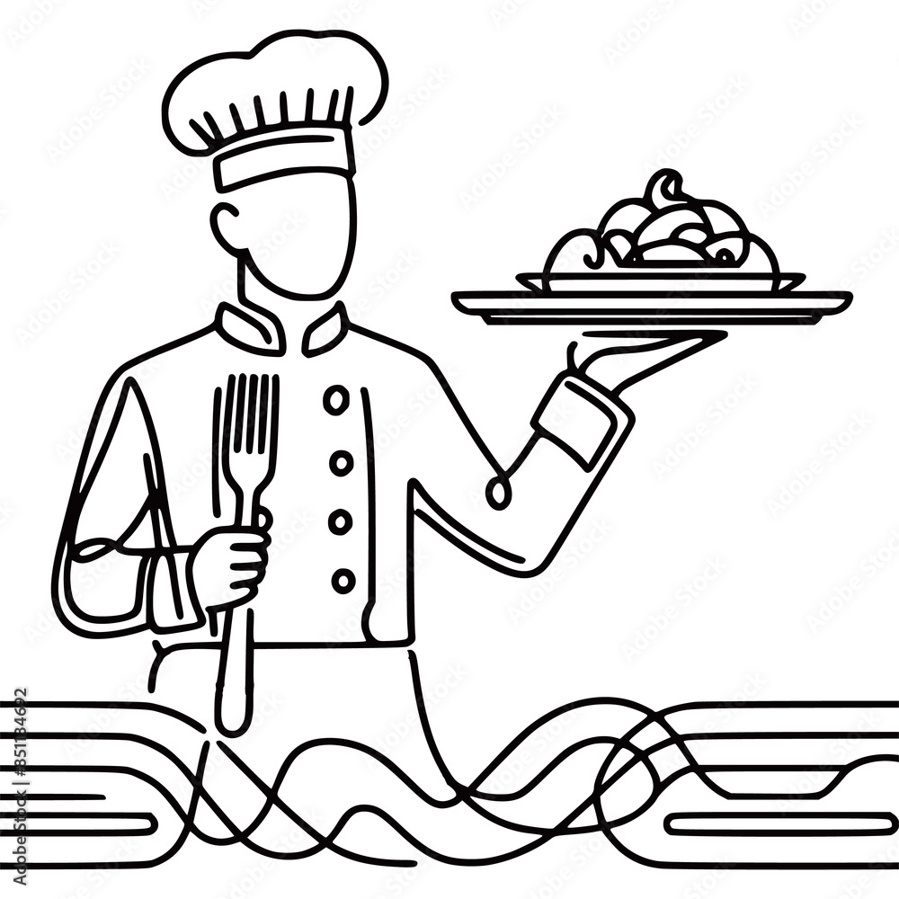 Continuous line drawing of chef restaurant cooking big meal food vector illustration generated Ai Continuous line drawing of chef restaurant cooking big meal food vector illustration generated Ai