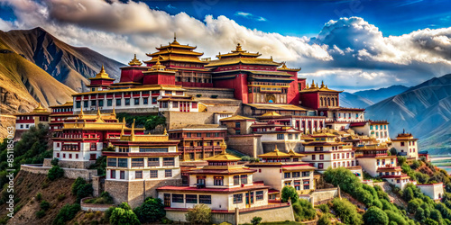 Traditional Tibetan monastery in the mountains photo