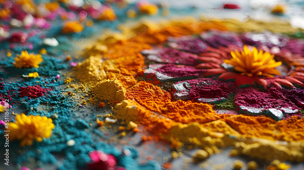 Obraz premium Brightly colored flower and powder on a table, adding a cheerful and lively touch to the setting.