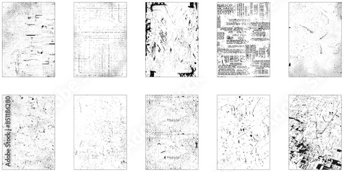 Collection of 10 grunge texture image. Vector set of grunge overlay textures. Grungy dirty distressed textures set. Vector illustration.