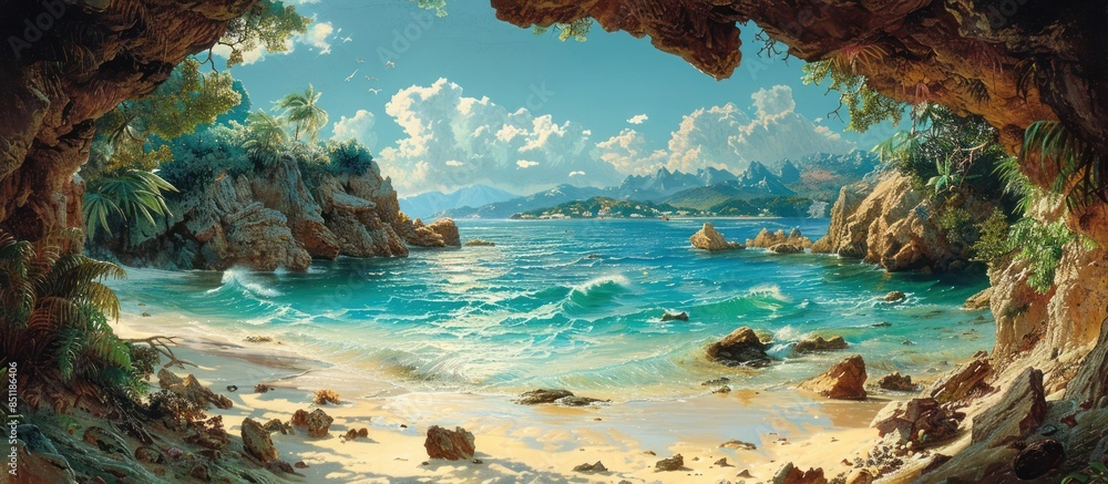 Naklejka premium view of the sand beach from the cave, at sunrise