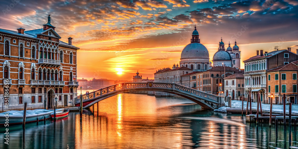 Naklejka premium Venice canal at sunset with historic buildings