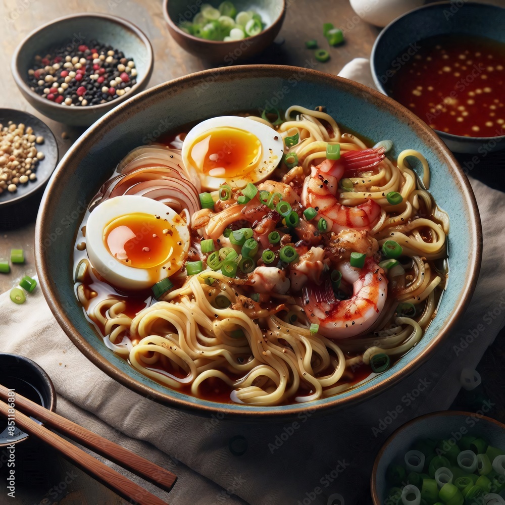 a bowl of instant noodles complete with side dishes such as eggs, shrimp and don't forget the vegetables a bowl of instant noodles complete with side dishes such as eggs, shrimp and don't forget the vegetables