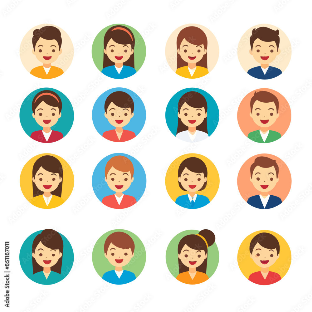 Collection of Colorful Avatars with Smiling Faces, Each Representing a Different Character with Distinct Hair Styles and Colors Collection of Colorful Avatars with Smiling Faces, Each Representing a Different Character with Distinct Hair Styles and Colors