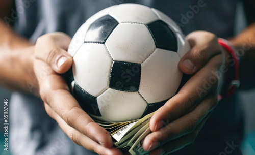 Closeup of hands holding money and a small soccer ball, representing the concept of gambling on sports events © Kien