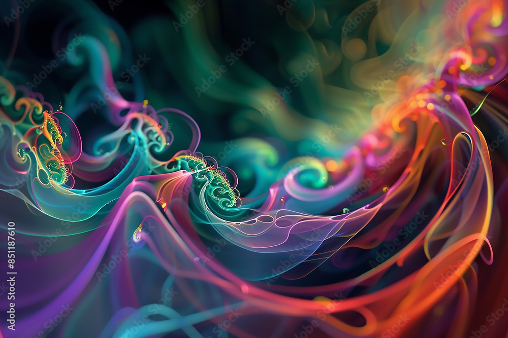 Emerald curves form a bright mosaic of digital elegance and colorful fractal swirls. Emerald curves form a bright mosaic of digital elegance and colorful fractal swirls.