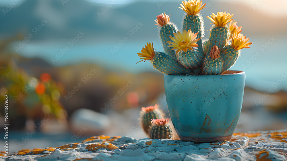 Vibrant Potted Cactus with Yellow Blooms in a Blue Pot Against a Scenic Desert Background Vibrant Potted Cactus with Yellow Blooms in a Blue Pot Against a Scenic Desert Background