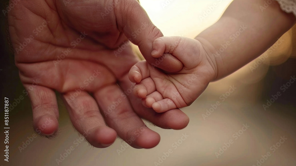 A baby is being held by a man's hand. Concept of warmth and love between the man and the baby A baby is being held by a man's hand. Concept of warmth and love between the man and the baby