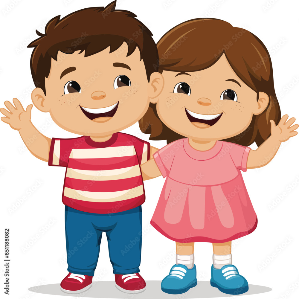 Cute Two happy smiling children cartoon character on white background Cute Two happy smiling children cartoon character on white background