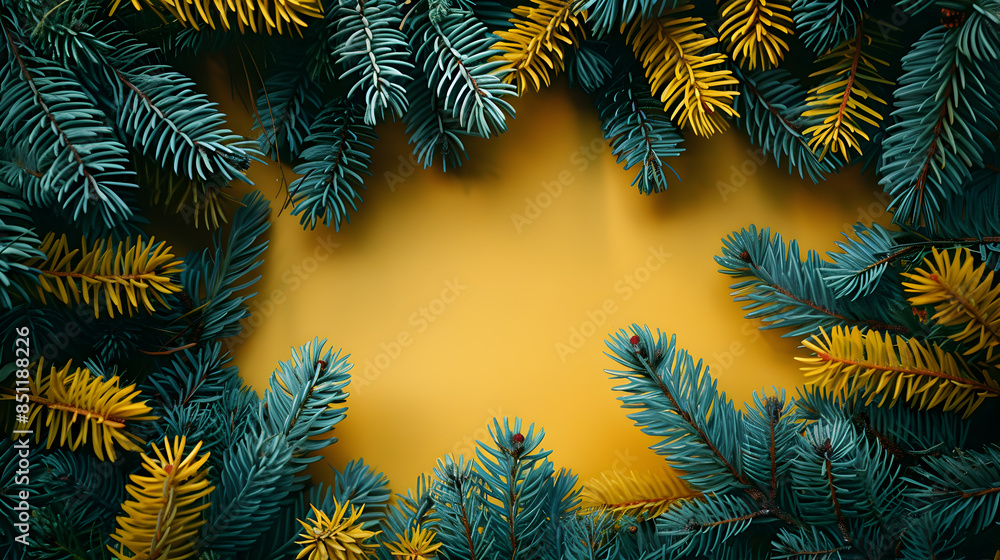 Vibrant Yellow Background Framed by Green and Yellow Pine Branches - Perfect for Seasonal and Holiday Designs Vibrant Yellow Background Framed by Green and Yellow Pine Branches - Perfect for Seasonal and Holiday Designs