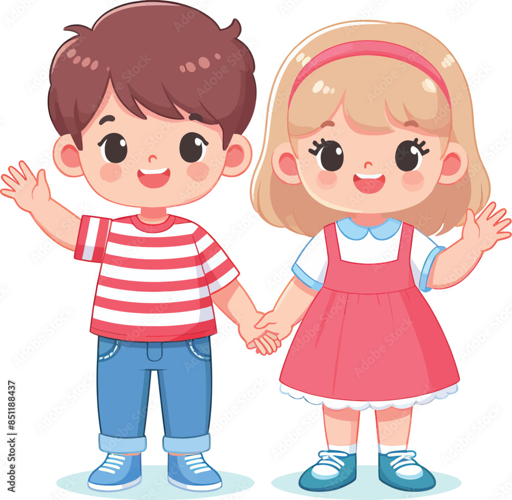 Cute Two happy smiling children cartoon character on white background Cute Two happy smiling children cartoon character on white background