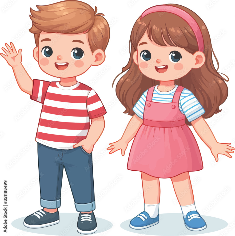 Cute Two happy smiling children cartoon character on white background
