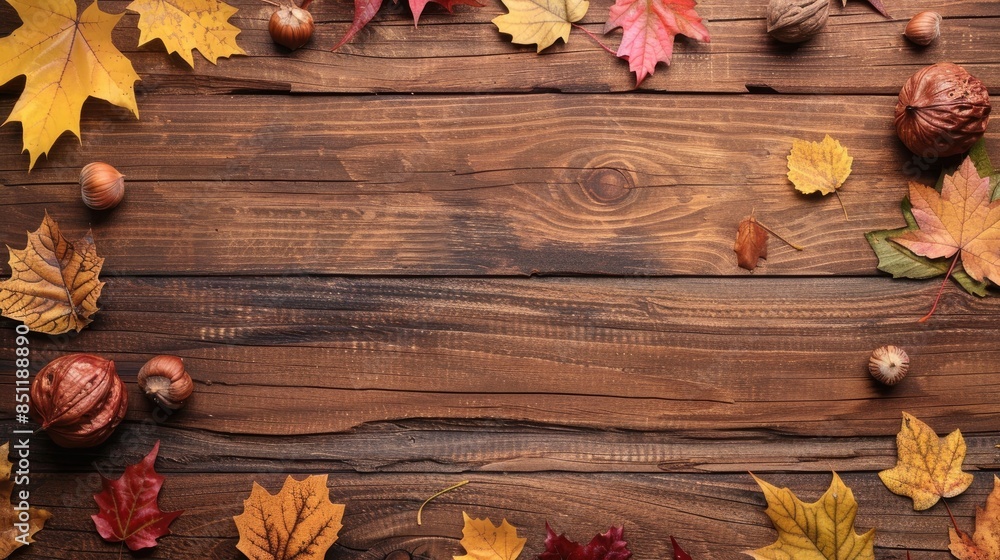 Walnut and maple leaf border on wooden surface in autumn Walnut and maple leaf border on wooden surface in autumn