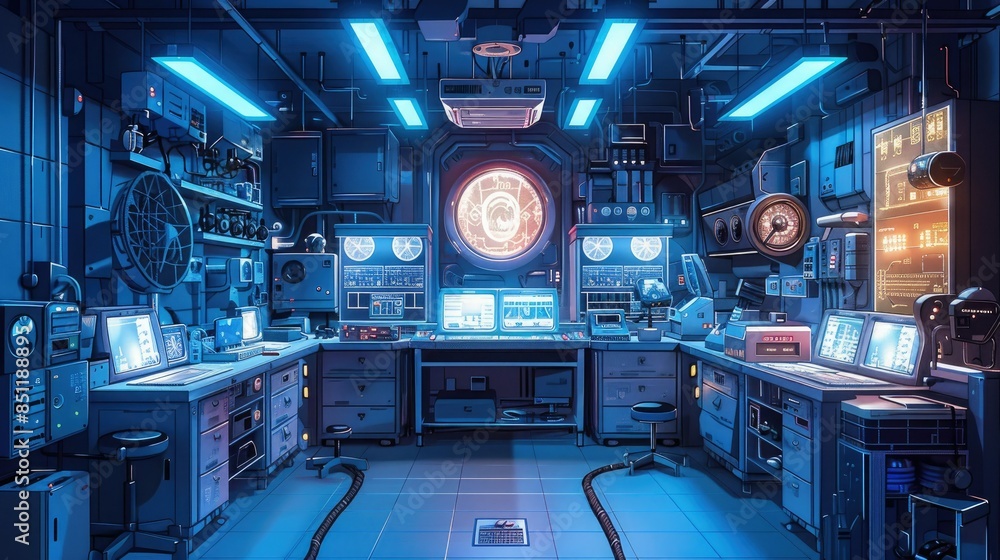 a space station's control room features a white and blue floor, a blue ceiling, and a white and blue desk a space station's control room features a white and blue floor, a blue ceiling, and a white and blue desk