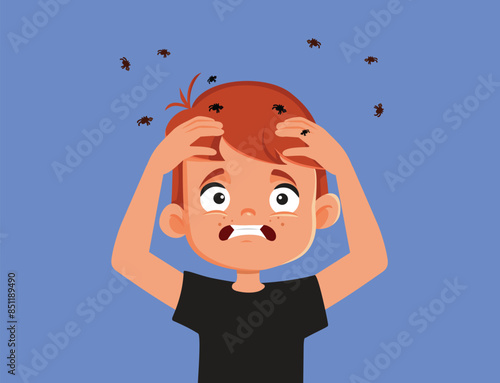 Boy with Lice Feeling Desperate Vector Cartoon illustration. Worried child dealing with parasitic insects on her head 
