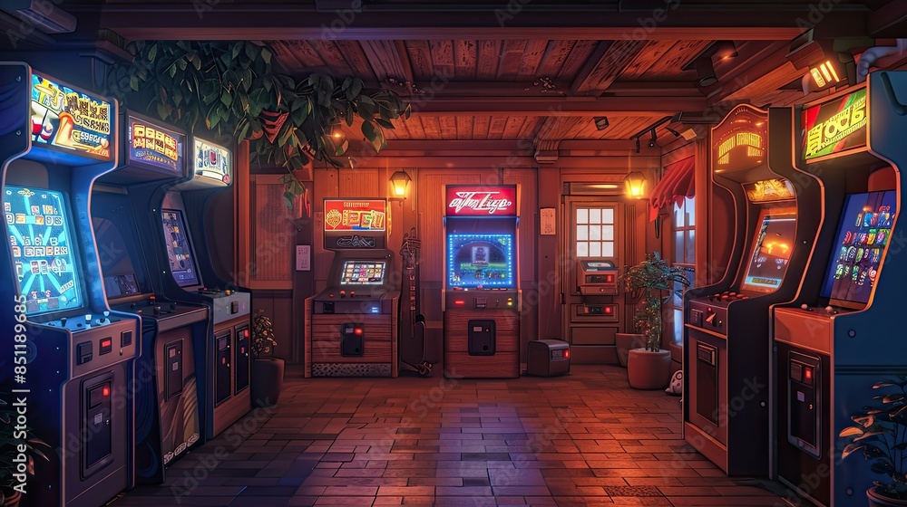 a colorful arcade with neon signs and a green plant on a tiled floor, featuring a blue machine and a red sign a colorful arcade with neon signs and a green plant on a tiled floor, featuring a blue machine and a red sign