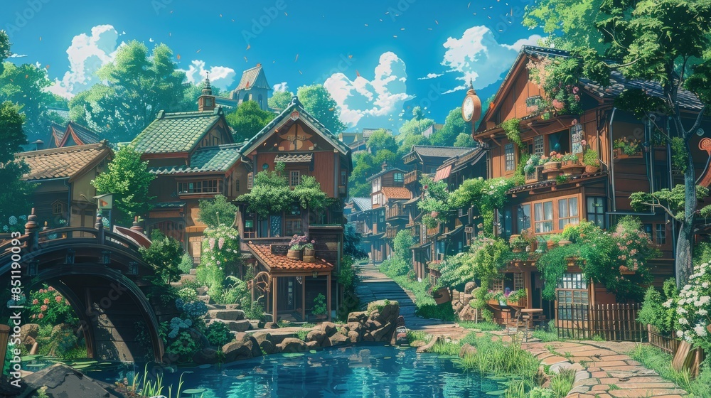 Fototapeta premium a serene fantasy village nestled by a tranquil river, surrounded by lush green trees and a bridge, under a clear blue sky with fluffy white clouds