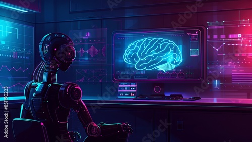 Futuristic robot analyzing brain data on a high-tech screen in a neon-lit laboratory, showcasing advanced AI technology.