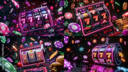 3D casino slot machine with neon colors and the number