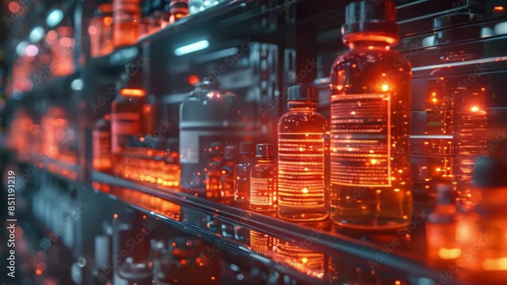 A futuristic pharmacy display showcasing medication information in a holographic format, with several glass bottles on shelves illuminated with red light.