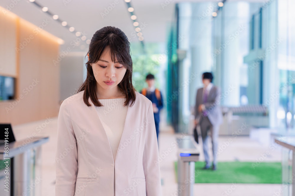 悲しい顔をしてオフィスに出社する女性 悲しい顔をしてオフィスに出社する女性