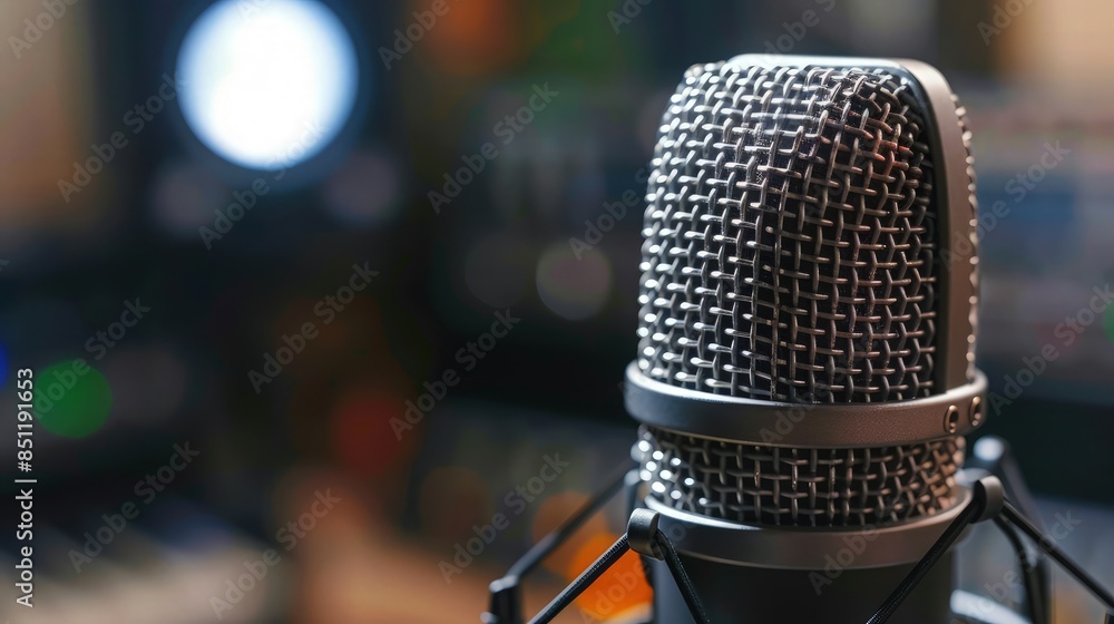 Pan shot of a professional microphone for dubbing and voice over in the sound recording studio. Close up, podcasting concept. Pan shot of a professional microphone for dubbing and voice over in the sound recording studio. Close up, podcasting concept.