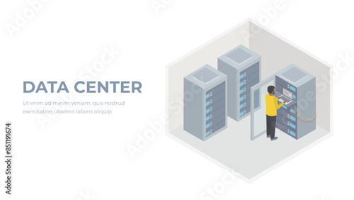 Data center or server room with server racks, technician performing diagnostic test, flat vector isometric illustration. Checking server diagnostics.