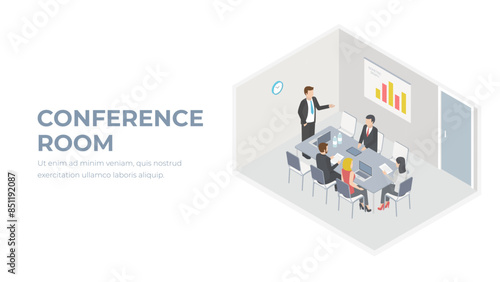 Meeting room isometric vector. Conference office workers. Brainstorm and present concept illustration.