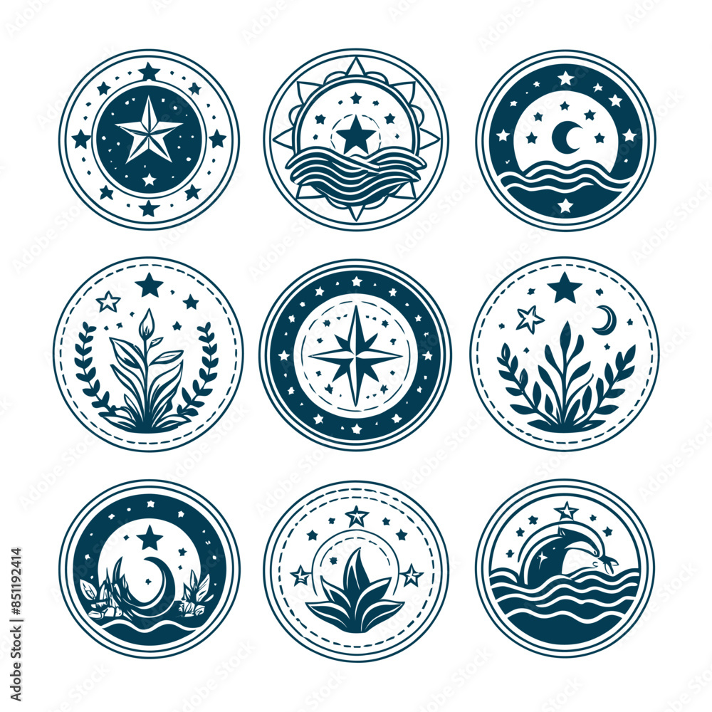 a set of nine circular emblems with stars and plants a set of nine circular emblems with stars and plants