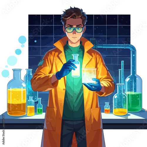 a man in a lab coat holding a flask of liquid