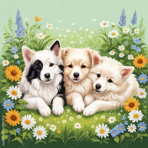 a painting of three dogs laying in a field of flowers