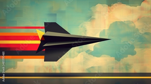  A paper airplane gliding on the ground, in a simple flat illustration style with a green background and minimalist design using simple details,