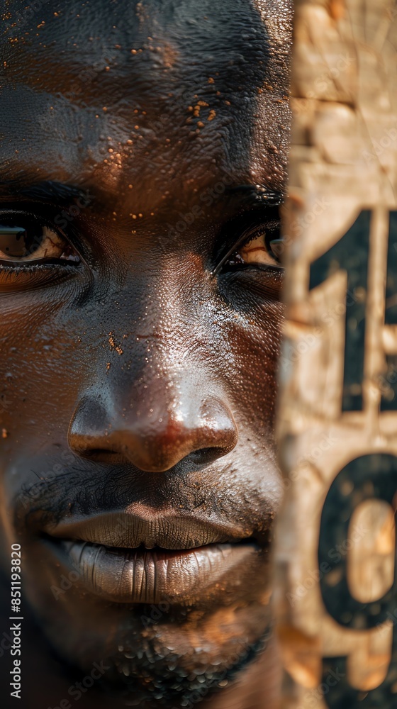 A close-up of an African marathon runner holding a time record board, determined expression, detailed features, high-resolution focus, energetic race environment.,