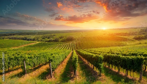 Panoramic view of summer vineyard at sunset. Rows of green vineyards at sunset © RAJKISHAN