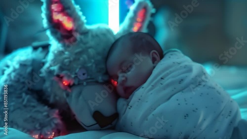 A serene image of a baby sleeping soundly next to a robotic plush toy. The toy features glowing eyes and mechanical parts, adding a futuristic touch to the comforting scene.  photo