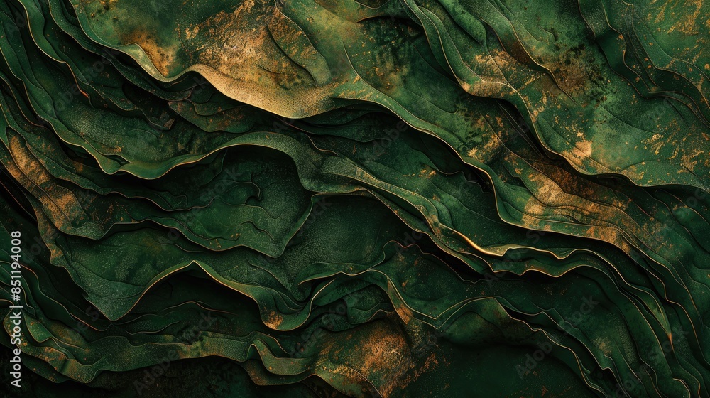 Fototapeta premium Abstract ribbed dark green background with unique mottled brown surface