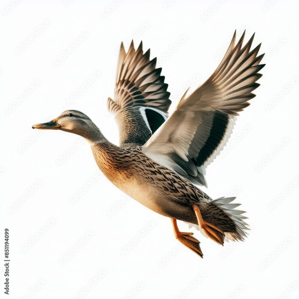 A flying mallard duck isolated on a white background, showcasing its wings spread in mid flight A flying mallard duck isolated on a white background, showcasing its wings spread in mid flight