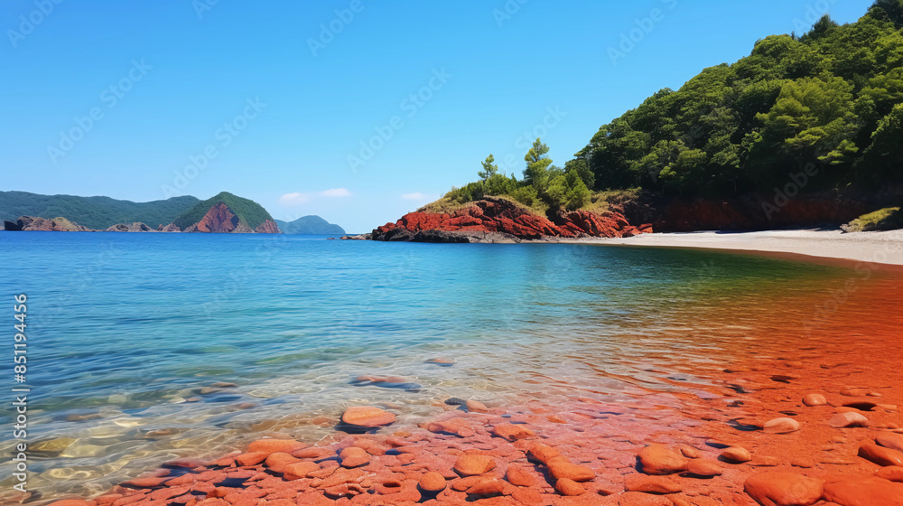 The red sand beach of Lushan Island, China features crystal clear blue water and lush green trees on the shore The red sand beach of Lushan Island, China features crystal clear blue water and lush green trees on the shore