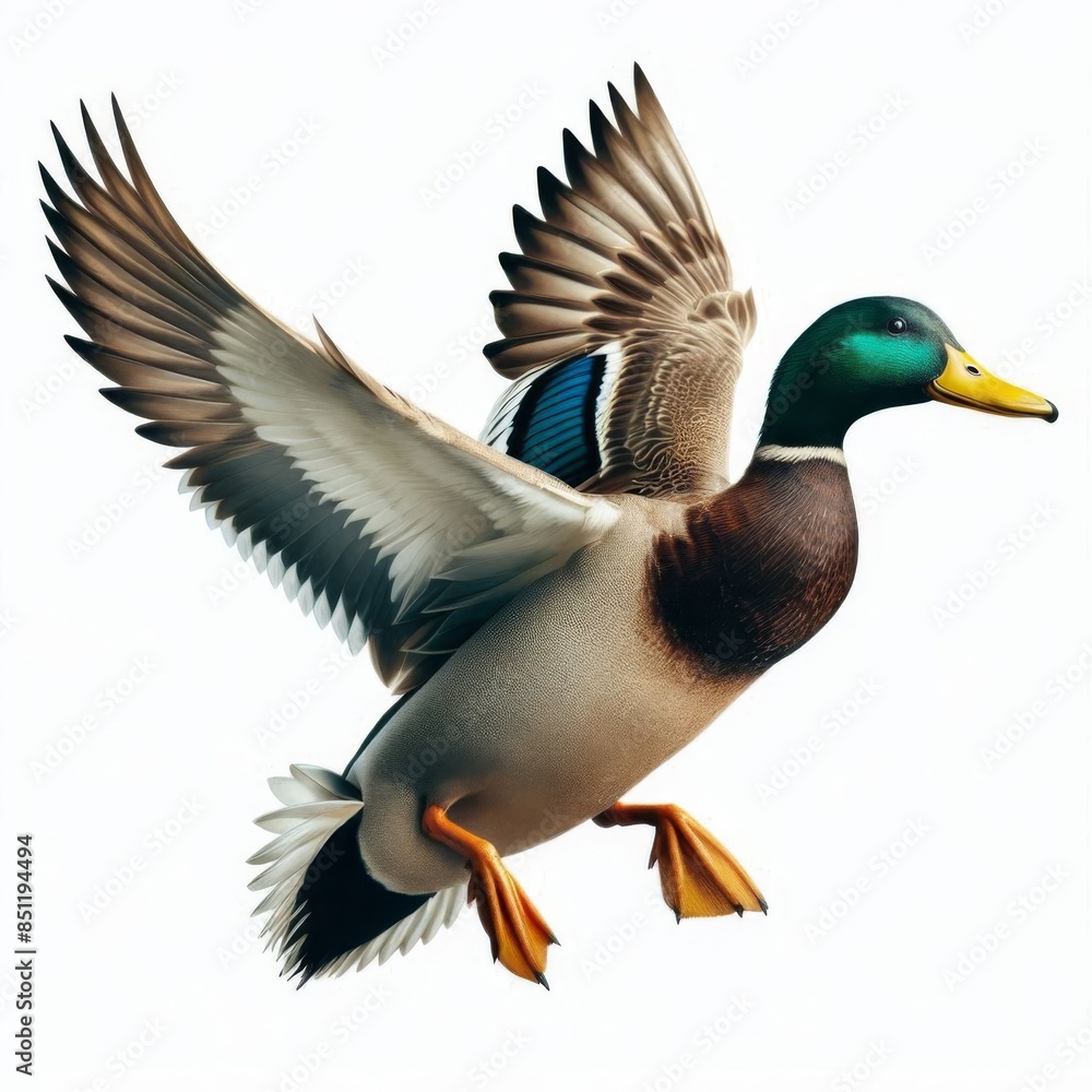 A flying mallard duck isolated on a white background, showcasing its wings spread in mid-flight A flying mallard duck isolated on a white background, showcasing its wings spread in mid-flight