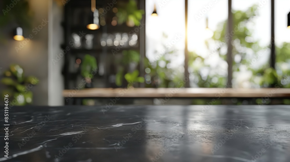 empty beautiful black marble table top counter and blur bokeh modern kitchen interior background in clean and bright. empty beautiful black marble table top counter and blur bokeh modern kitchen interior background in clean and bright.