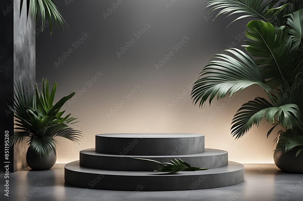 Podium exotic splay concrete Cosmetic 3D beauty dark Jungle Rock template trendy promotion Nature stone product pedestal mockup leaf palm background render Gray set podium dais Podium exotic splay concrete Cosmetic 3D beauty dark Jungle Rock template trendy promotion Nature stone product pedestal mockup leaf palm background render Gray set podium dais
